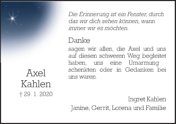 Traueranzeige von Axel Kahlen von Neue Osnabrücker Zeitung GmbH & Co. KG