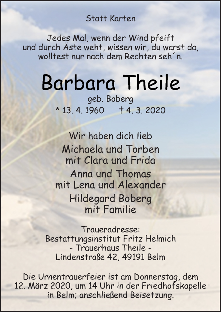  Traueranzeige für Barbara Theile vom 07.03.2020 aus Neue Osnabrücker Zeitung GmbH & Co. KG