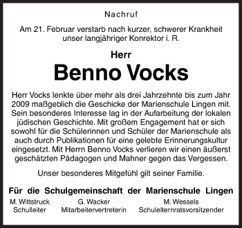 Traueranzeige von Benno Vocks von Neue Osnabrücker Zeitung GmbH & Co. KG