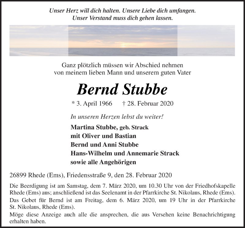  Traueranzeige für Bernd Stubbe vom 02.03.2020 aus Neue Osnabrücker Zeitung GmbH & Co. KG