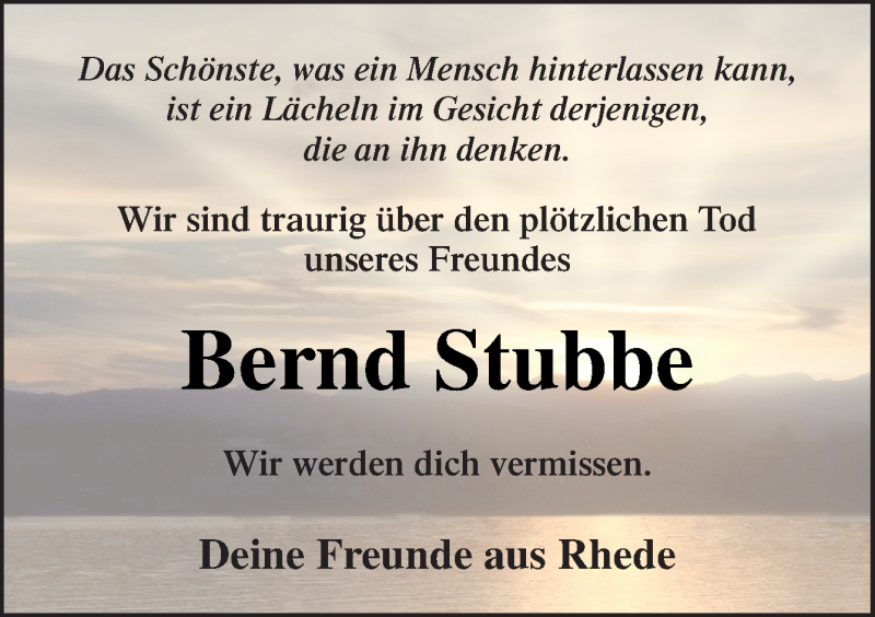  Traueranzeige für Bernd Stubbe vom 03.03.2020 aus Neue Osnabrücker Zeitung GmbH & Co. KG