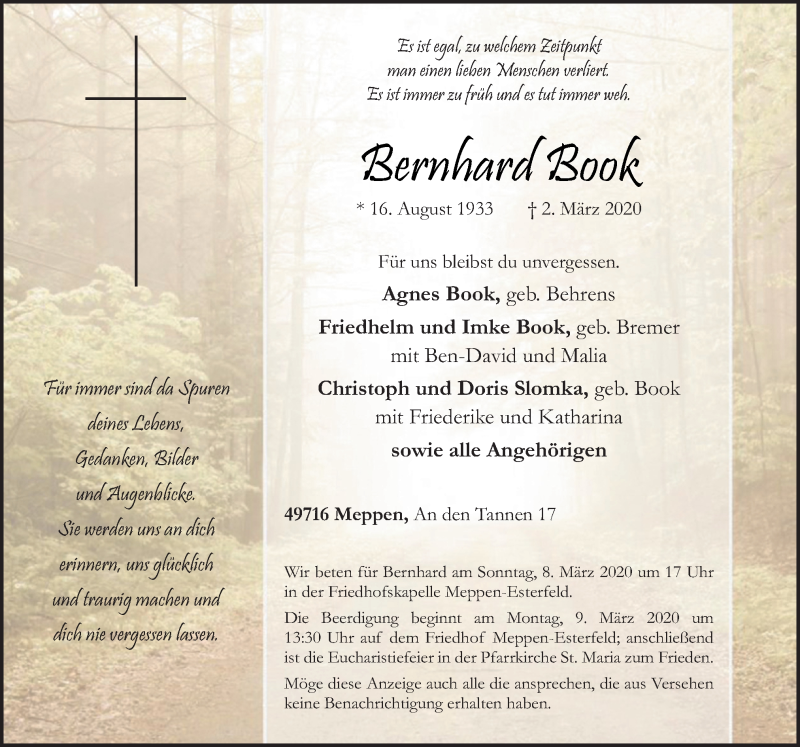  Traueranzeige für Bernhard Book vom 05.03.2020 aus Neue Osnabrücker Zeitung GmbH & Co. KG