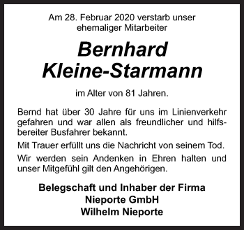 Traueranzeige von Bernhard Kleine-Starmann von Neue Osnabrücker Zeitung GmbH & Co. KG