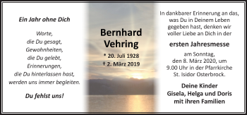 Traueranzeige von Bernhard Vehring von Neue Osnabrücker Zeitung GmbH & Co. KG