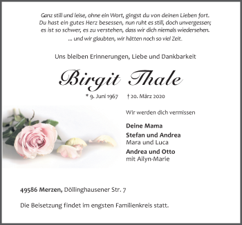 Traueranzeige von Birgit Thale von Neue Osnabrücker Zeitung GmbH & Co. KG