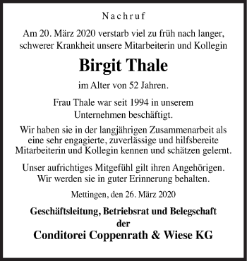 Traueranzeige von Birgit Thale von Neue Osnabrücker Zeitung GmbH & Co. KG