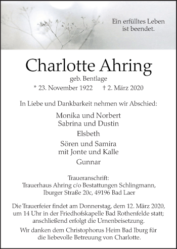 Traueranzeige von Charlotte Ahring von Neue Osnabrücker Zeitung GmbH & Co. KG