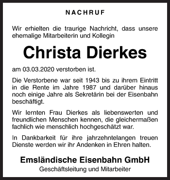 Traueranzeige von Christa Dierkes von Neue Osnabrücker Zeitung GmbH & Co. KG