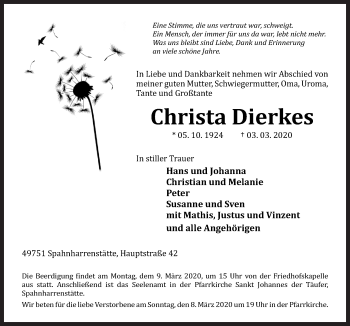 Traueranzeige von Christa Dierkes von Neue Osnabrücker Zeitung GmbH & Co. KG