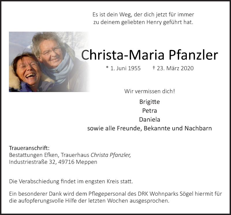  Traueranzeige für Christa-Maria Pfanzler vom 28.03.2020 aus Neue Osnabrücker Zeitung GmbH & Co. KG