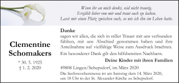 Traueranzeige von Clementine Schomakers von Neue Osnabrücker Zeitung GmbH & Co. KG