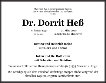 Traueranzeige von Dorrit Heß von Neue Osnabrücker Zeitung GmbH & Co. KG