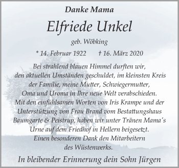 Traueranzeige von Elfriede Unkel von Neue Osnabrücker Zeitung GmbH & Co. KG