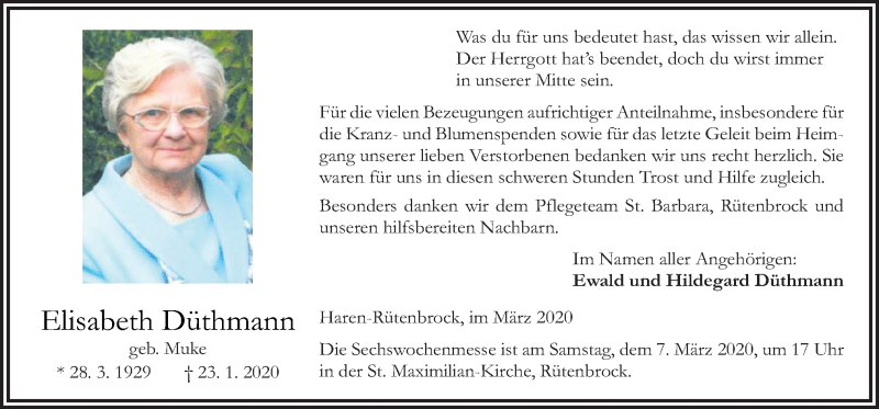  Traueranzeige für Elisabeth Düthmann vom 04.03.2020 aus Neue Osnabrücker Zeitung GmbH & Co. KG