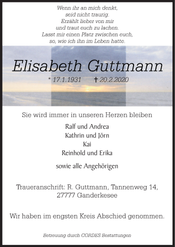 Traueranzeige von Elisabeth Guttmann von Neue Osnabrücker Zeitung GmbH & Co. KG