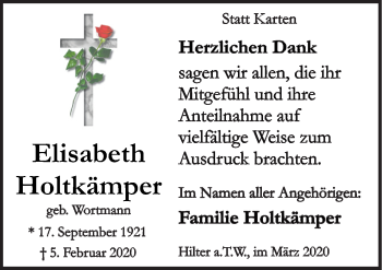 Traueranzeige von Elisabeth Holtkämper von Neue Osnabrücker Zeitung GmbH & Co. KG