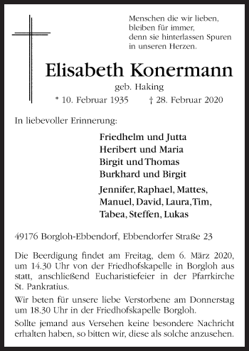 Traueranzeige von Elisabeth Konermann von Neue Osnabrücker Zeitung GmbH & Co. KG