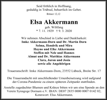 Traueranzeige von Elsa Akkermann von Neue Osnabrücker Zeitung GmbH & Co. KG