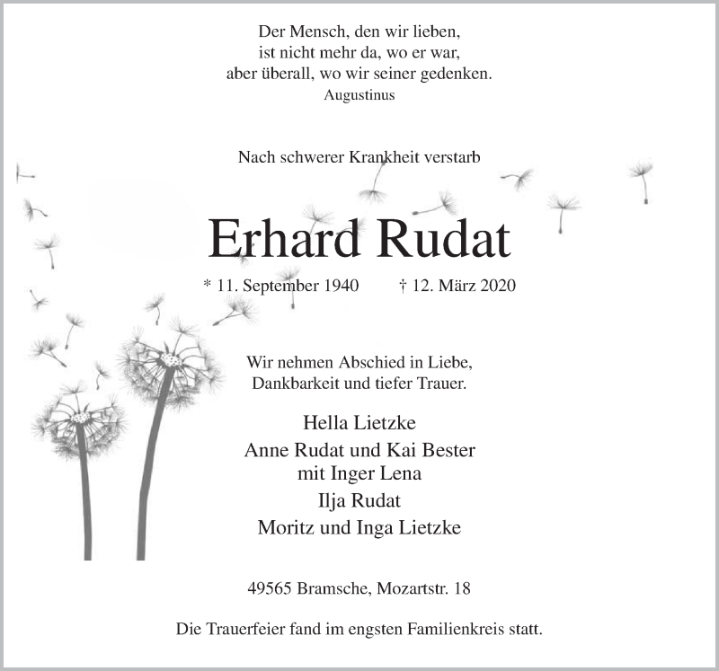  Traueranzeige für Erhard Rudat vom 28.03.2020 aus Neue Osnabrücker Zeitung GmbH & Co. KG