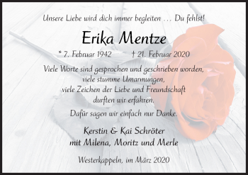 Traueranzeige von Erika Mentze von Neue Osnabrücker Zeitung GmbH & Co. KG