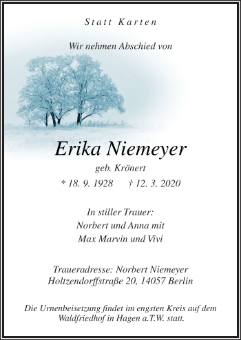 Traueranzeige von Erika Niemeyer von Neue Osnabrücker Zeitung GmbH & Co. KG