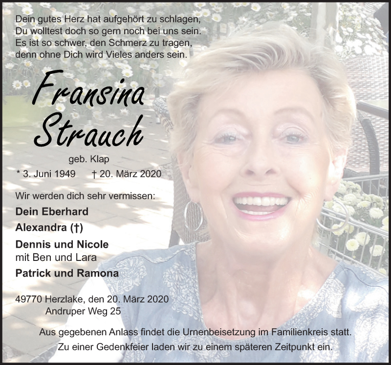  Traueranzeige für Fransina Strauch vom 25.03.2020 aus Neue Osnabrücker Zeitung GmbH & Co. KG