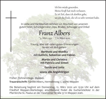 Traueranzeige von Franz Albers von Neue Osnabrücker Zeitung GmbH & Co. KG