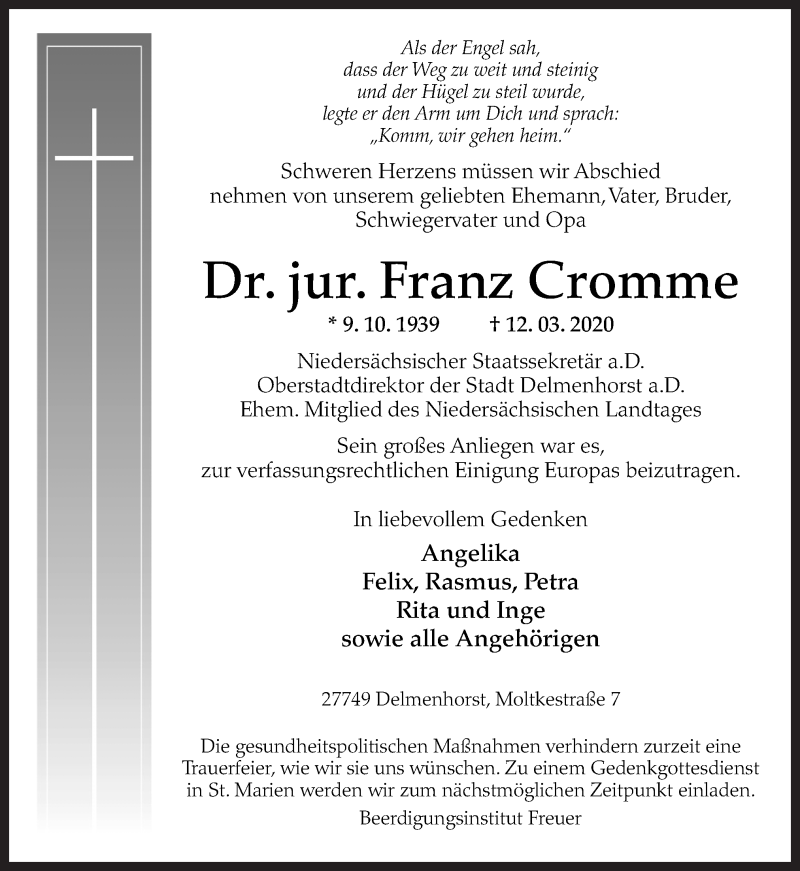  Traueranzeige für Franz Cromme vom 17.03.2020 aus Neue Osnabrücker Zeitung GmbH & Co. KG