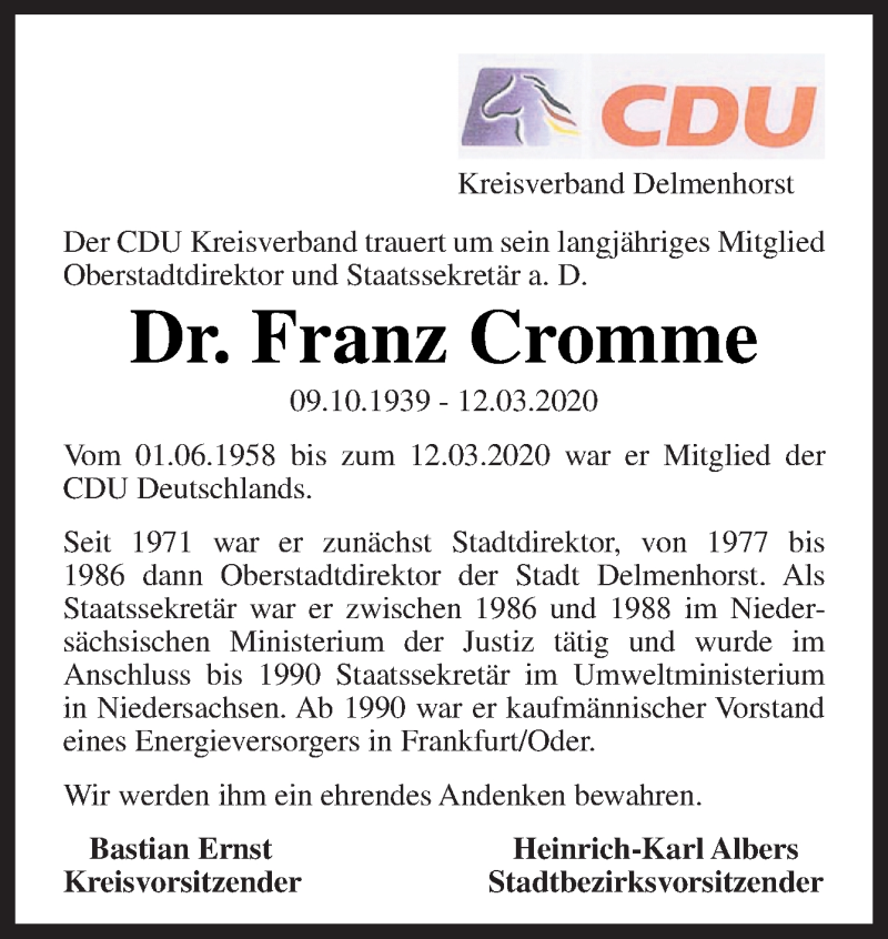  Traueranzeige für Franz Cromme vom 17.03.2020 aus Neue Osnabrücker Zeitung GmbH & Co. KG