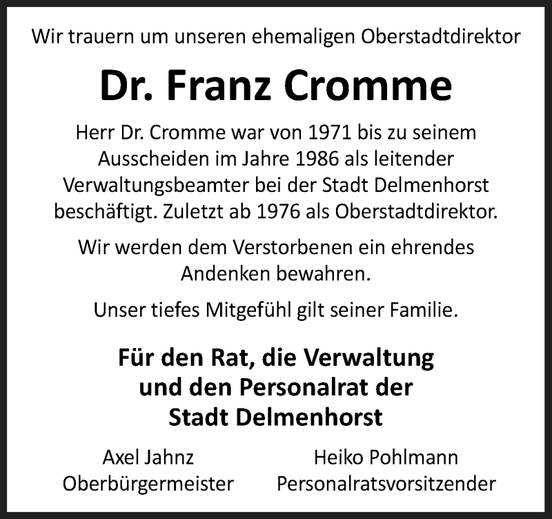  Traueranzeige für Franz Cromme vom 20.03.2020 aus Neue Osnabrücker Zeitung GmbH & Co. KG