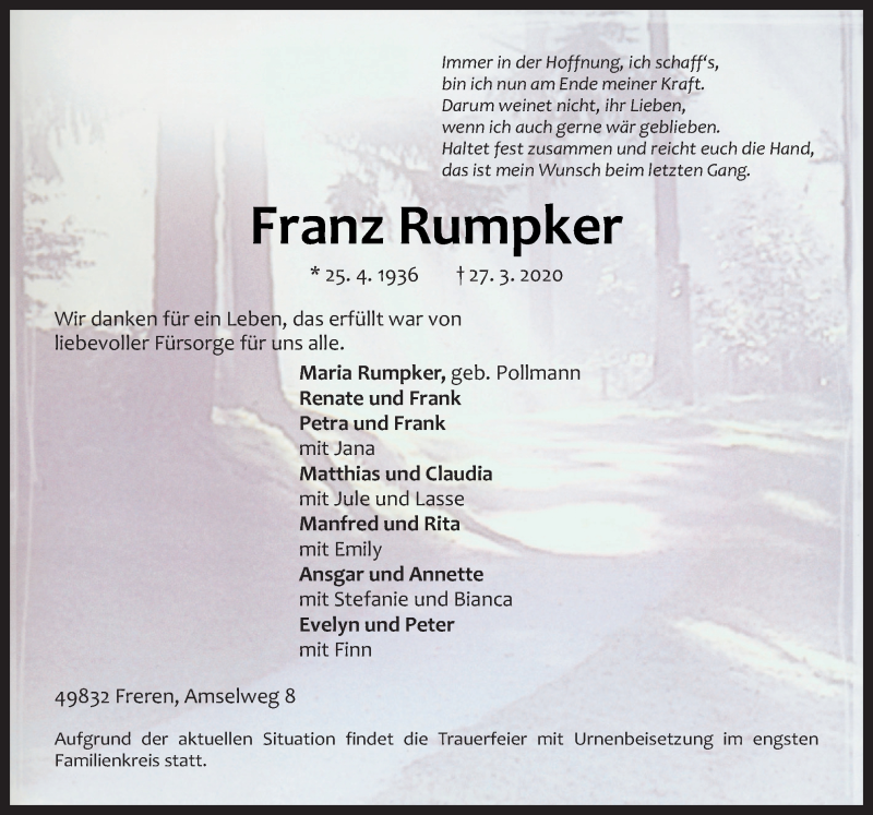  Traueranzeige für Franz Rumpker vom 30.03.2020 aus Neue Osnabrücker Zeitung GmbH & Co. KG