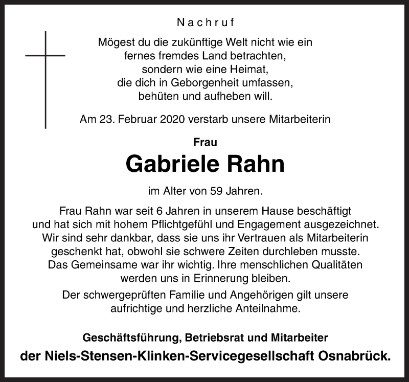  Traueranzeige für Gabriele Rahn vom 14.03.2020 aus Neue Osnabrücker Zeitung GmbH & Co. KG