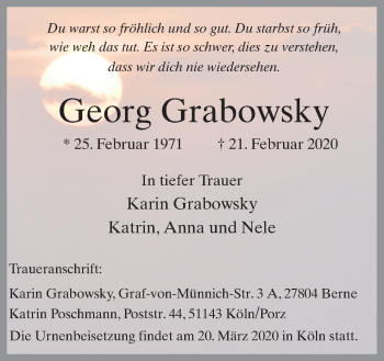 Traueranzeige von Georg Grabowsky von Neue Osnabrücker Zeitung GmbH & Co. KG