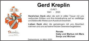 Traueranzeige von Gerd Kreplin von Neue Osnabrücker Zeitung GmbH & Co. KG