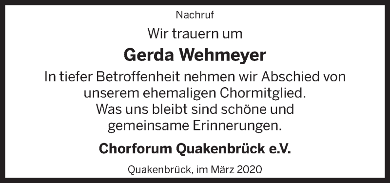  Traueranzeige für Gerda Wehmeyer vom 10.03.2020 aus Neue Osnabrücker Zeitung GmbH & Co. KG