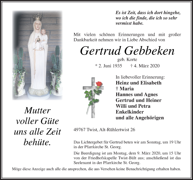  Traueranzeige für Gertrud Gebbeken vom 06.03.2020 aus Neue Osnabrücker Zeitung GmbH & Co. KG