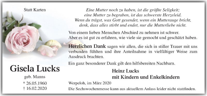  Traueranzeige für Gisela Lucks vom 25.03.2020 aus Neue Osnabrücker Zeitung GmbH & Co. KG