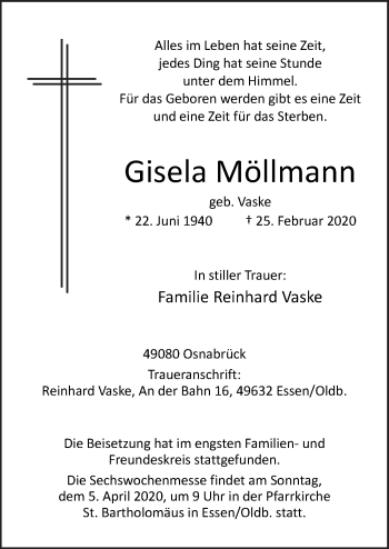 Traueranzeige von Gisela Möllmann von Neue Osnabrücker Zeitung GmbH & Co. KG