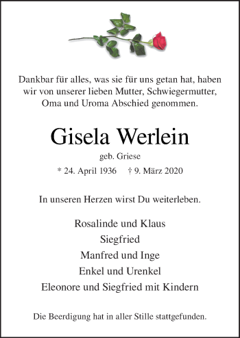 Traueranzeige von Gisela Werlein von Neue Osnabrücker Zeitung GmbH & Co. KG