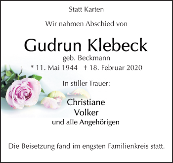 Traueranzeige von Gudrun Klebeck von Neue Osnabrücker Zeitung GmbH & Co. KG