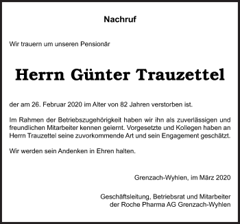 Traueranzeige von Günter Trauzettel von Neue Osnabrücker Zeitung GmbH & Co. KG