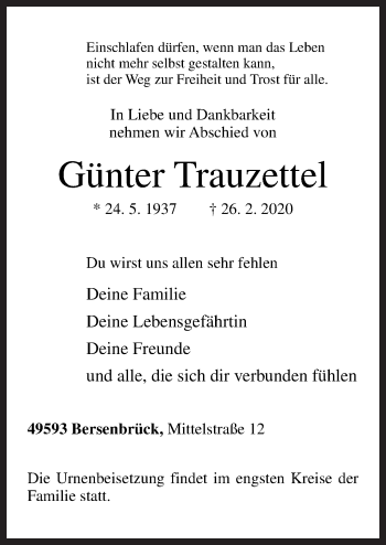 Traueranzeige von Günter Trauzettel von Neue Osnabrücker Zeitung GmbH & Co. KG
