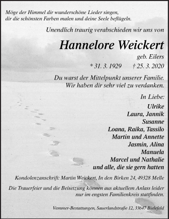 Traueranzeige von Hannelore Weickert von Neue Osnabrücker Zeitung GmbH & Co. KG