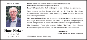 Traueranzeige von Hans Ficker von Neue Osnabrücker Zeitung GmbH & Co. KG