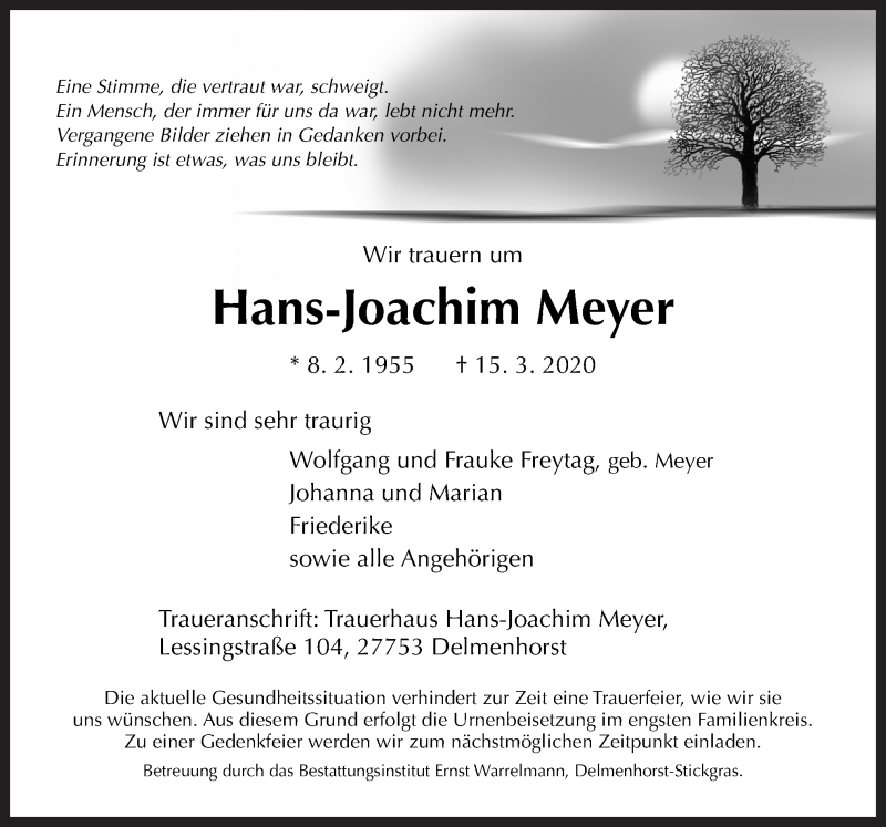  Traueranzeige für Hans-Joachim Meyer vom 21.03.2020 aus Neue Osnabrücker Zeitung GmbH & Co. KG