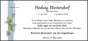 Traueranzeige von Hedwig Westendorf von Neue Osnabrücker Zeitung GmbH & Co. KG