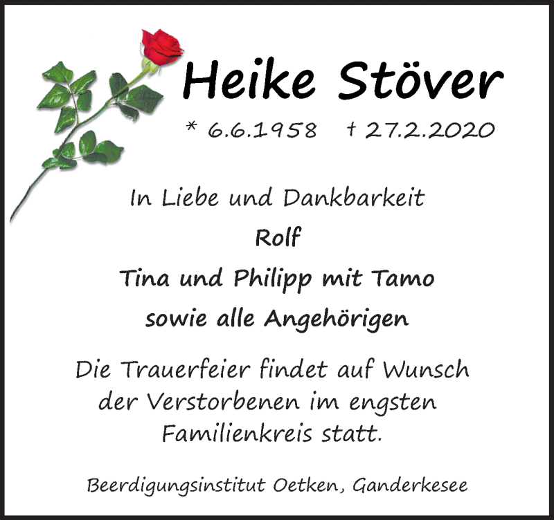  Traueranzeige für Heike Stöver vom 04.03.2020 aus Neue Osnabrücker Zeitung GmbH & Co. KG