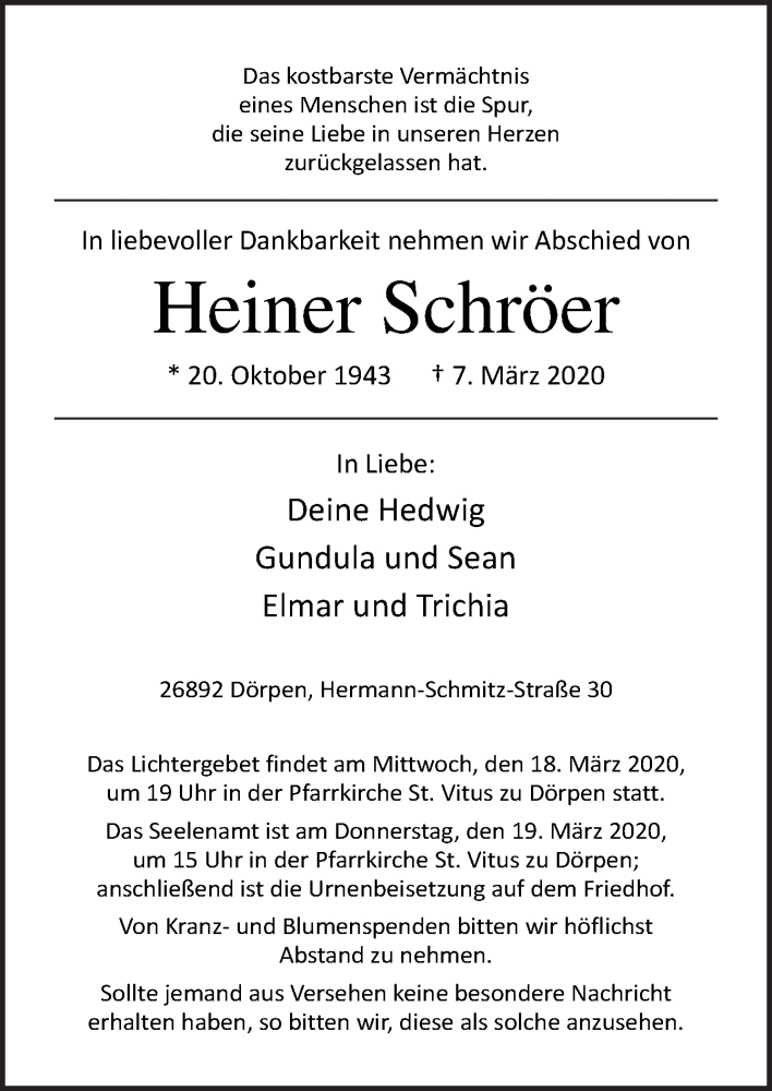  Traueranzeige für Heiner Schröer vom 12.03.2020 aus Neue Osnabrücker Zeitung GmbH & Co. KG