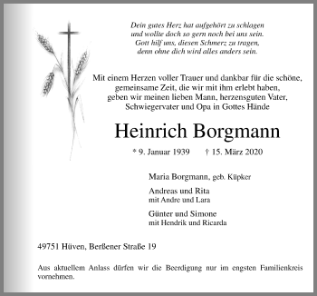 Traueranzeige von Heinrich Borgmann von Neue Osnabrücker Zeitung GmbH & Co. KG