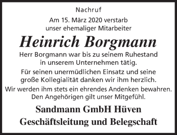 Traueranzeige von Heinrich Borgmann von Neue Osnabrücker Zeitung GmbH & Co. KG